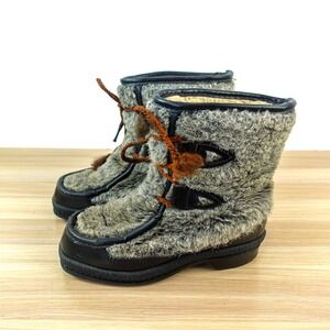 Vintage Apres Ski Sherpa Snow Boots Womens 4 Black Faux Fur Winter QUODDY‎ USA